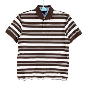 Tommy Hilfiger Men's Short Sleeve Striped Knit Brown Tan Polo Shirt Size XL